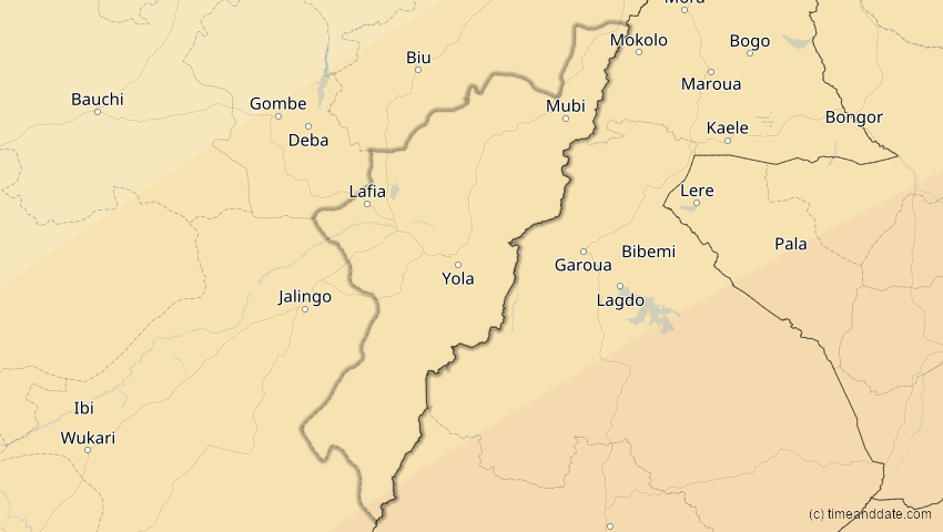 A map of Adamawa, Nigeria, showing the path of the 30. Apr 2041 Totale Sonnenfinsternis