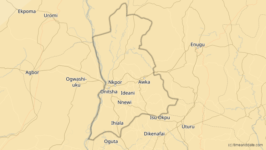 A map of  Anambra, Nigeria, showing the path of the 30. Apr 2041 Totale Sonnenfinsternis