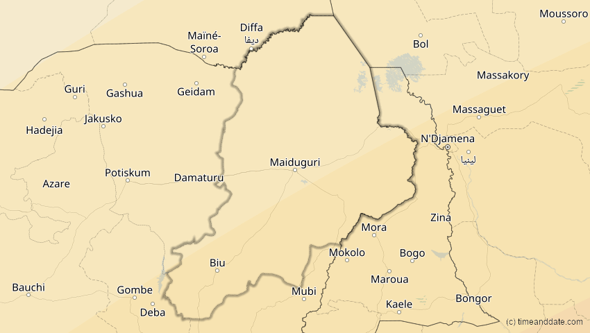 A map of Borno, Nigeria, showing the path of the 30. Apr 2041 Totale Sonnenfinsternis