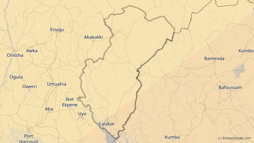 A map of Cross River, Nigeria, showing the path of the 30. Apr 2041 Totale Sonnenfinsternis