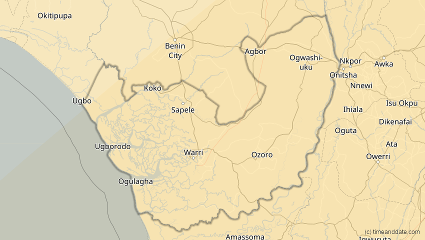 A map of Delta, Nigeria, showing the path of the 30. Apr 2041 Totale Sonnenfinsternis