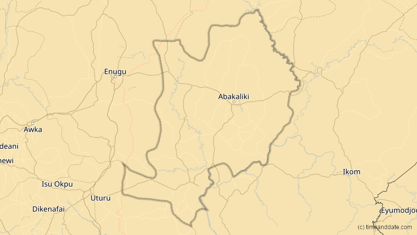 A map of Ebonyi, Nigeria, showing the path of the 30. Apr 2041 Totale Sonnenfinsternis