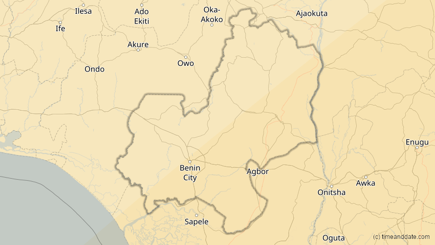 A map of Edo, Nigeria, showing the path of the 30. Apr 2041 Totale Sonnenfinsternis