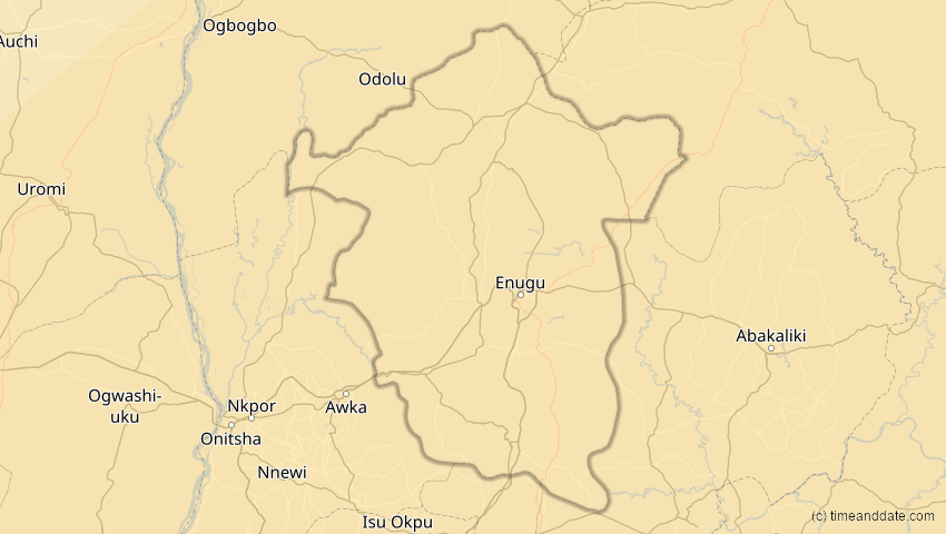 A map of Enugu, Nigeria, showing the path of the 30. Apr 2041 Totale Sonnenfinsternis