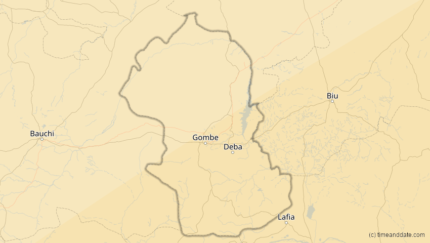 A map of Gombe, Nigeria, showing the path of the 30. Apr 2041 Totale Sonnenfinsternis