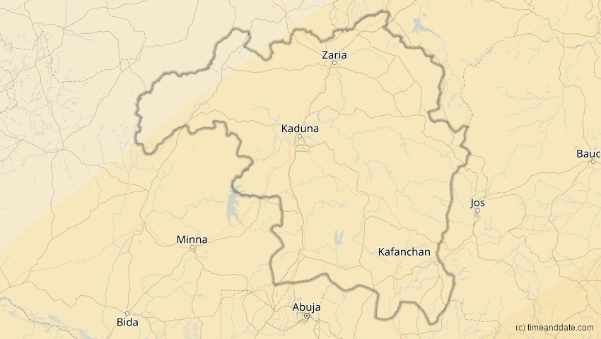 A map of Kaduna, Nigeria, showing the path of the 30. Apr 2041 Totale Sonnenfinsternis