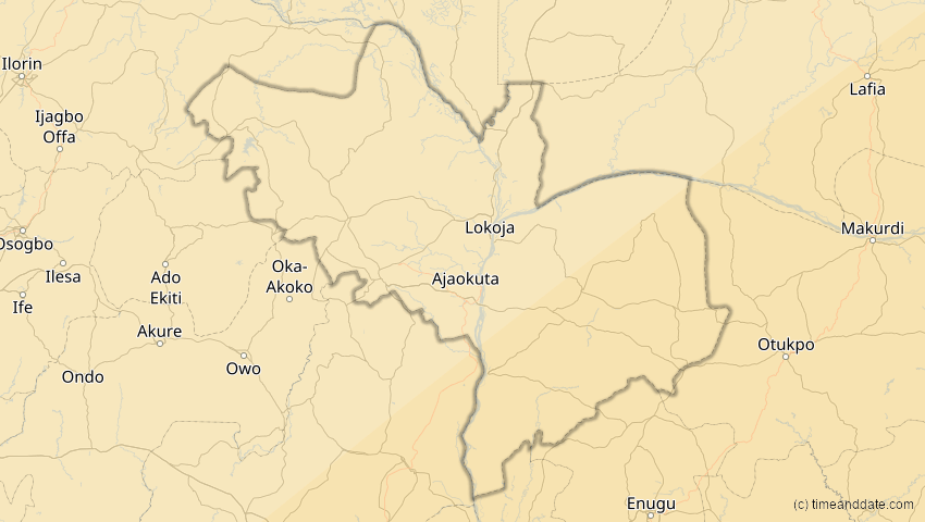 A map of Kogi , Nigeria, showing the path of the 30. Apr 2041 Totale Sonnenfinsternis