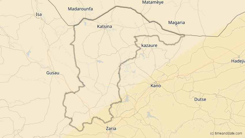 A map of Katsina , Nigeria, showing the path of the 30. Apr 2041 Totale Sonnenfinsternis