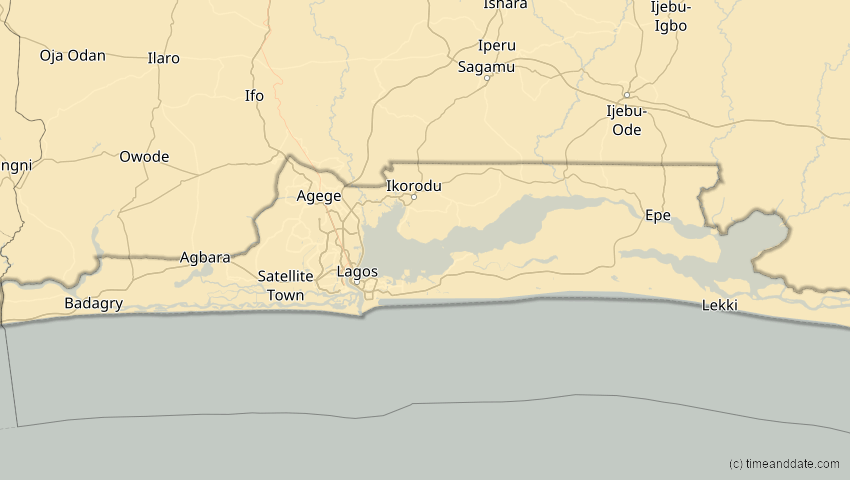 A map of Lagos, Nigeria, showing the path of the 30. Apr 2041 Totale Sonnenfinsternis