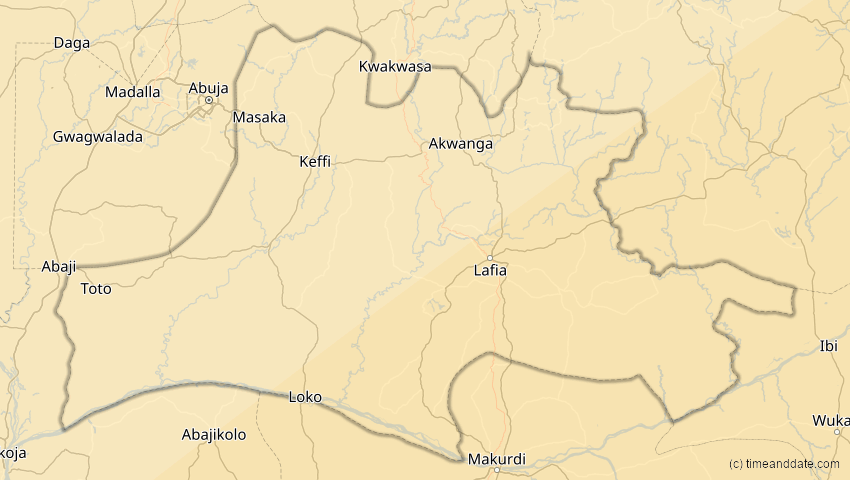 A map of Nassarawa, Nigeria, showing the path of the 30. Apr 2041 Totale Sonnenfinsternis