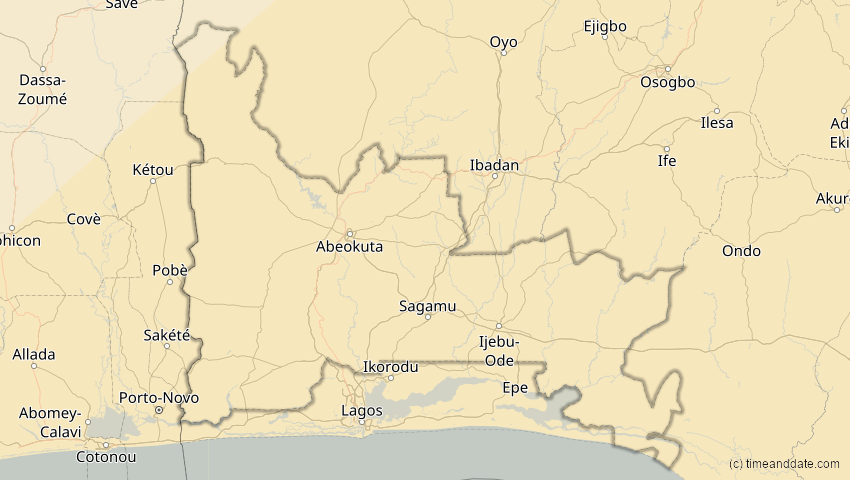 A map of Ogun, Nigeria, showing the path of the 30. Apr 2041 Totale Sonnenfinsternis