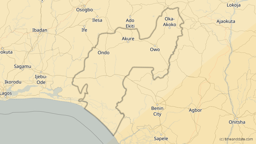 A map of Ondo, Nigeria, showing the path of the 30. Apr 2041 Totale Sonnenfinsternis