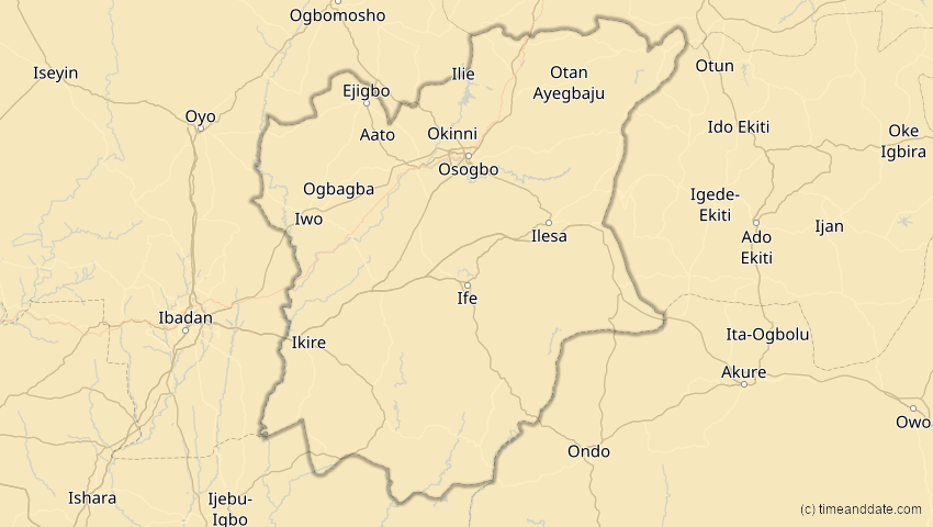 A map of Osun, Nigeria, showing the path of the 30. Apr 2041 Totale Sonnenfinsternis