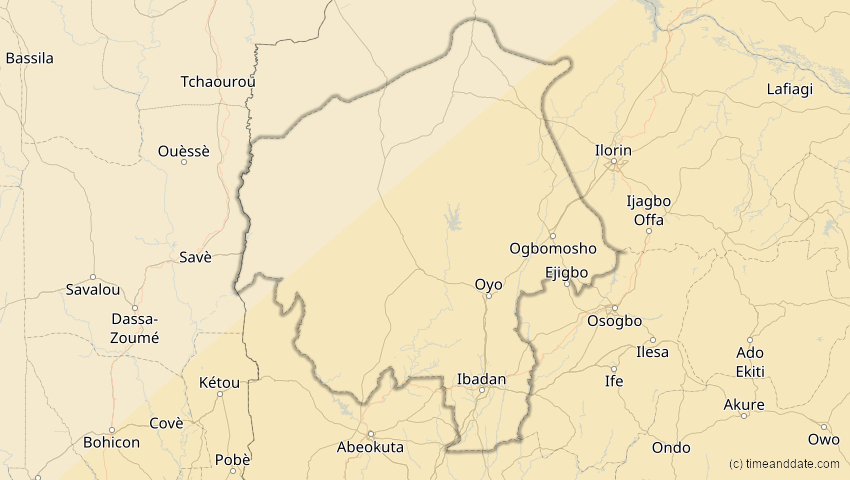 A map of Oyo, Nigeria, showing the path of the 30. Apr 2041 Totale Sonnenfinsternis