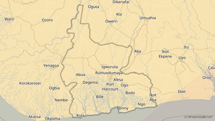 A map of Rivers, Nigeria, showing the path of the 30. Apr 2041 Totale Sonnenfinsternis