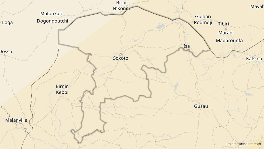 A map of Sokoto, Nigeria, showing the path of the 30. Apr 2041 Totale Sonnenfinsternis