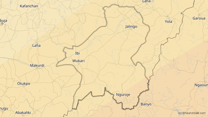 A map of Taraba, Nigeria, showing the path of the 30. Apr 2041 Totale Sonnenfinsternis