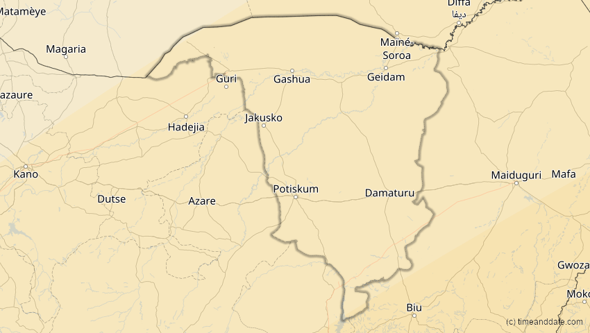 A map of Yobe, Nigeria, showing the path of the 30. Apr 2041 Totale Sonnenfinsternis