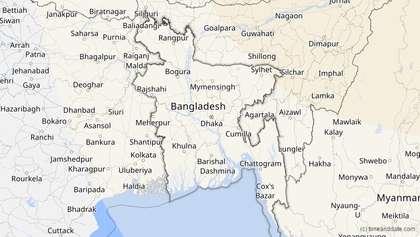 A map of Bangladesch, showing the path of the 25. Okt 2041 Ringförmige Sonnenfinsternis