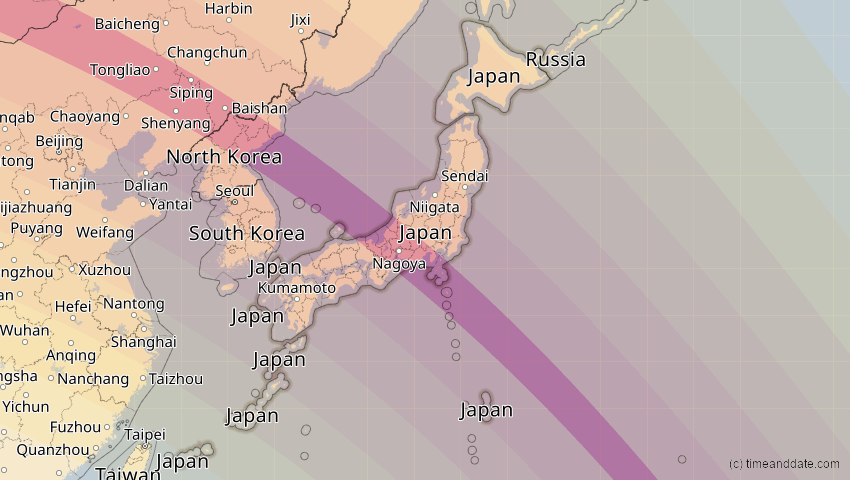 A map of Japan, showing the path of the 25. Okt 2041 Ringförmige Sonnenfinsternis