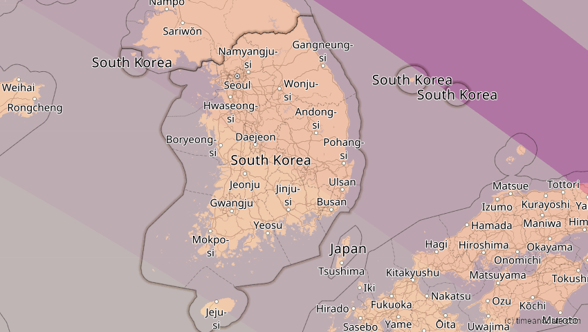A map of Südkorea, showing the path of the 25. Okt 2041 Ringförmige Sonnenfinsternis