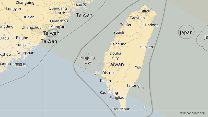 A map of Taiwan, showing the path of the 25. Okt 2041 Ringförmige Sonnenfinsternis
