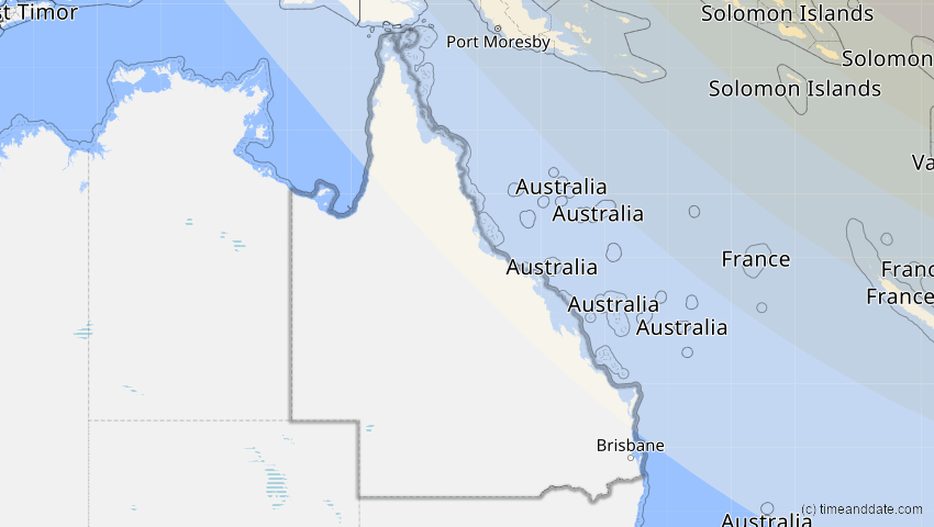 A map of Queensland, Australien, showing the path of the 25. Okt 2041 Ringförmige Sonnenfinsternis