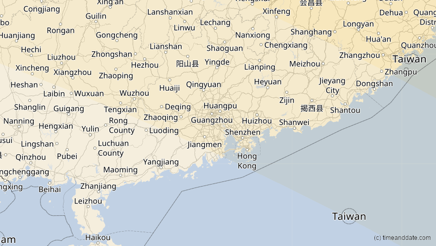 A map of Guangdong, China, showing the path of the 25. Okt 2041 Ringförmige Sonnenfinsternis
