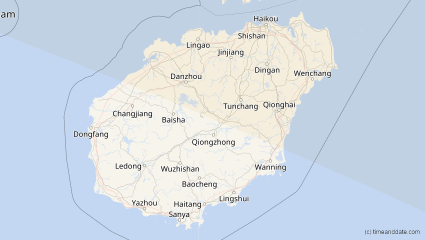 A map of Hainan, China, showing the path of the 25. Okt 2041 Ringförmige Sonnenfinsternis