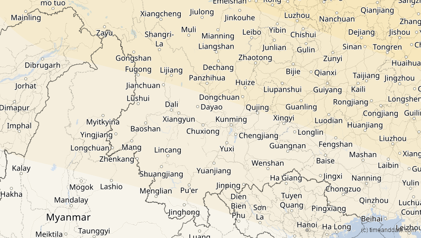 A map of Yunnan, China, showing the path of the 25. Okt 2041 Ringförmige Sonnenfinsternis