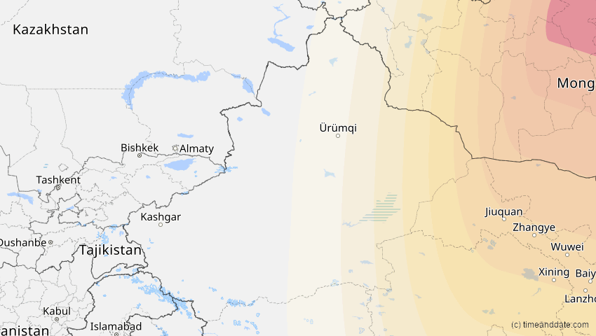 A map of Xinjiang, China, showing the path of the 25. Okt 2041 Ringförmige Sonnenfinsternis
