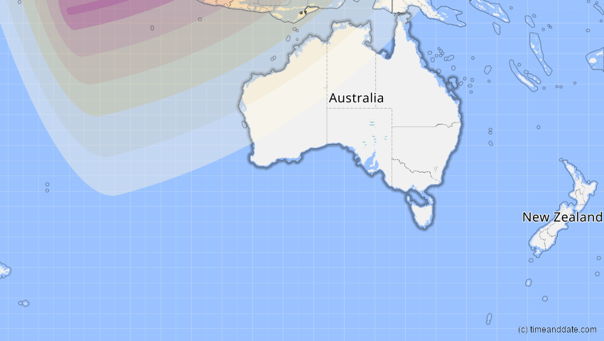 A map of Australien, showing the path of the 20. Apr 2042 Totale Sonnenfinsternis