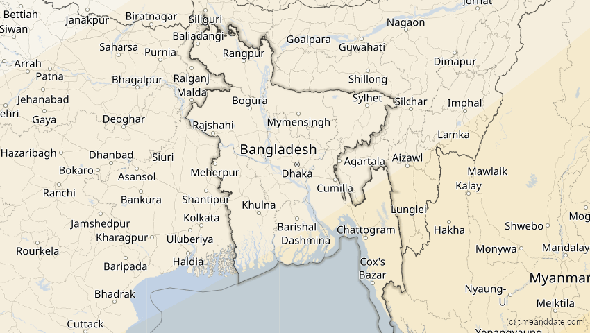 A map of Bangladesch, showing the path of the 20. Apr 2042 Totale Sonnenfinsternis