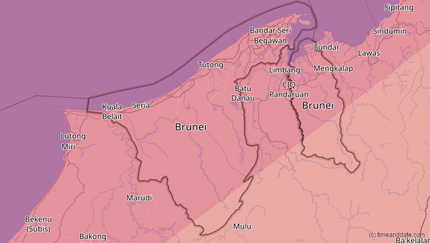 A map of Brunei, showing the path of the 20. Apr 2042 Totale Sonnenfinsternis