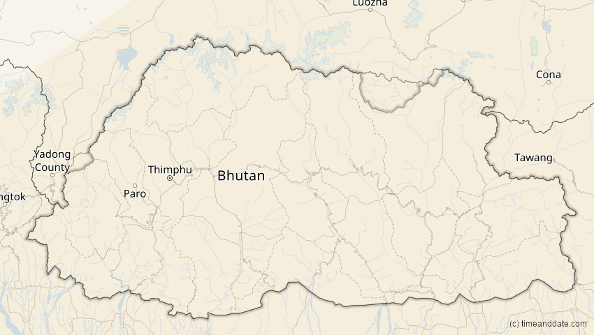 A map of Bhutan, showing the path of the 20. Apr 2042 Totale Sonnenfinsternis
