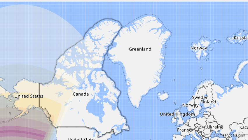 A map of Kanada, showing the path of the 19–20. Apr 2042 Totale Sonnenfinsternis