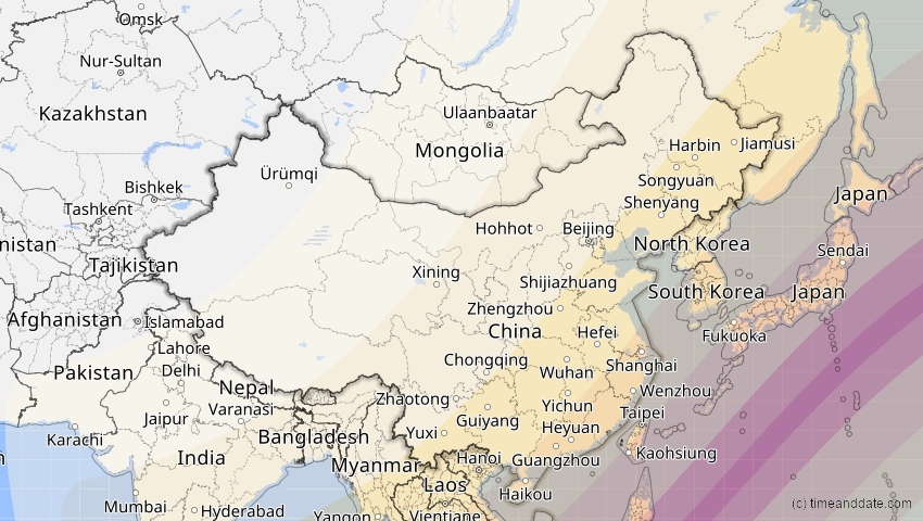 A map of China, showing the path of the 20. Apr 2042 Totale Sonnenfinsternis