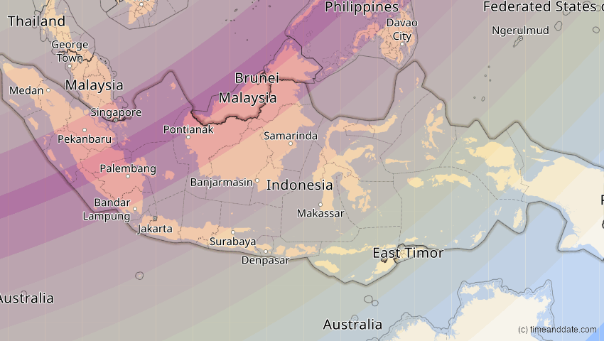 A map of Indonesien, showing the path of the 20. Apr 2042 Totale Sonnenfinsternis