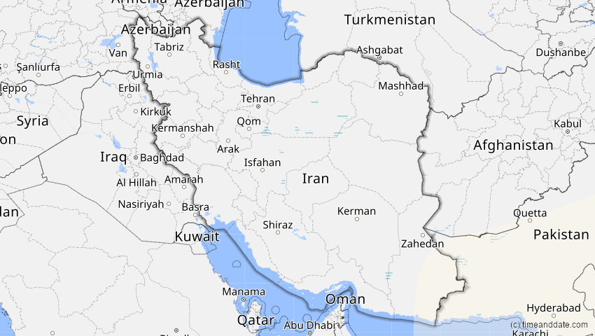 A map of Iran, showing the path of the 20. Apr 2042 Totale Sonnenfinsternis