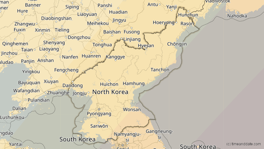 A map of Nordkorea, showing the path of the 20. Apr 2042 Totale Sonnenfinsternis