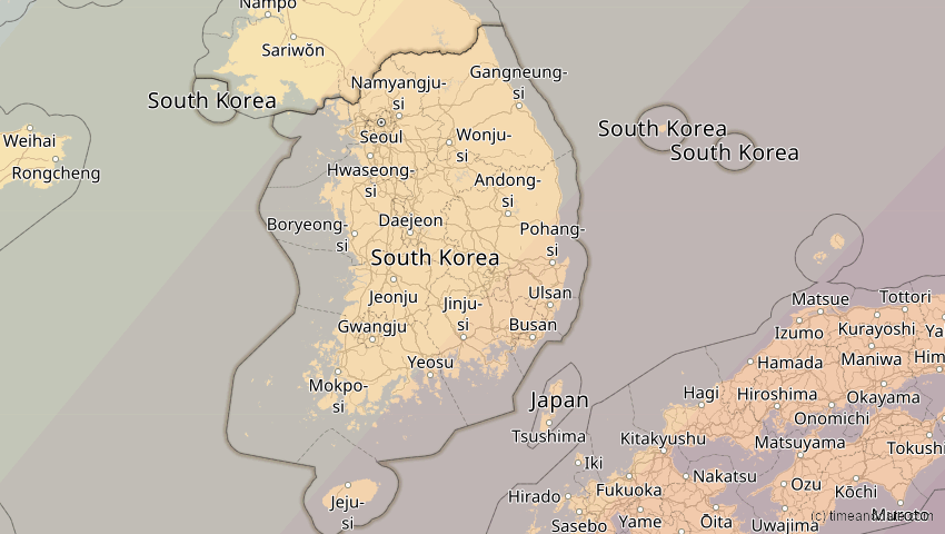A map of Südkorea, showing the path of the 20. Apr 2042 Totale Sonnenfinsternis