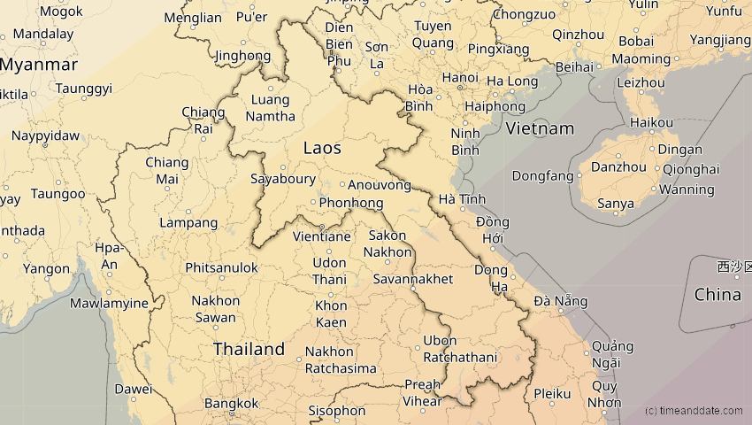 A map of Laos, showing the path of the 20. Apr 2042 Totale Sonnenfinsternis