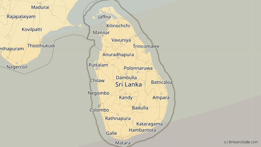 A map of Sri Lanka, showing the path of the 20. Apr 2042 Totale Sonnenfinsternis
