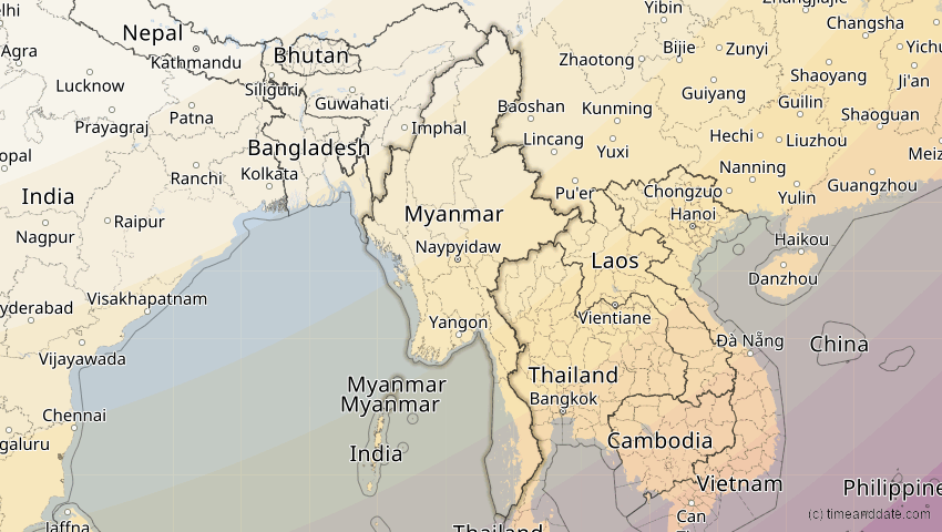 A map of Myanmar, showing the path of the 20. Apr 2042 Totale Sonnenfinsternis
