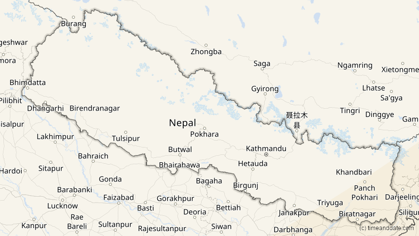 A map of Nepal, showing the path of the 20. Apr 2042 Totale Sonnenfinsternis