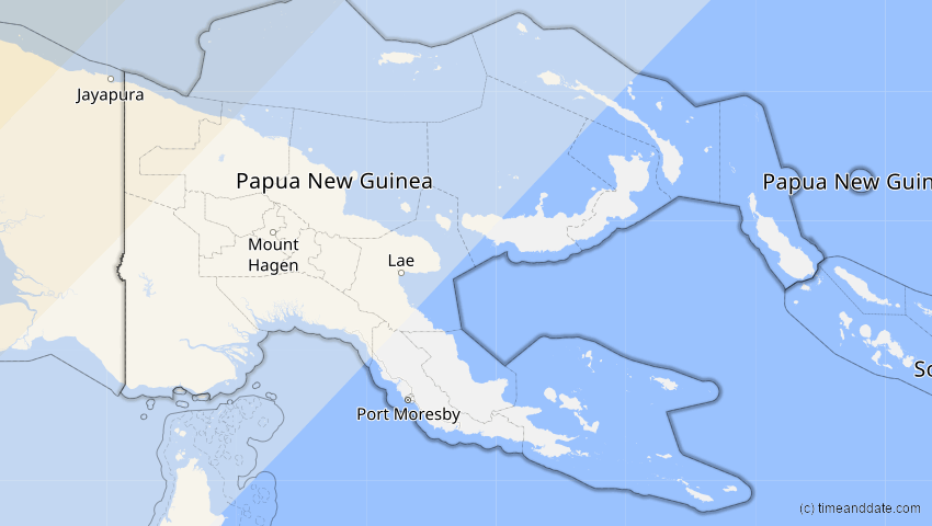 A map of Papua-Neuguinea, showing the path of the 20. Apr 2042 Totale Sonnenfinsternis