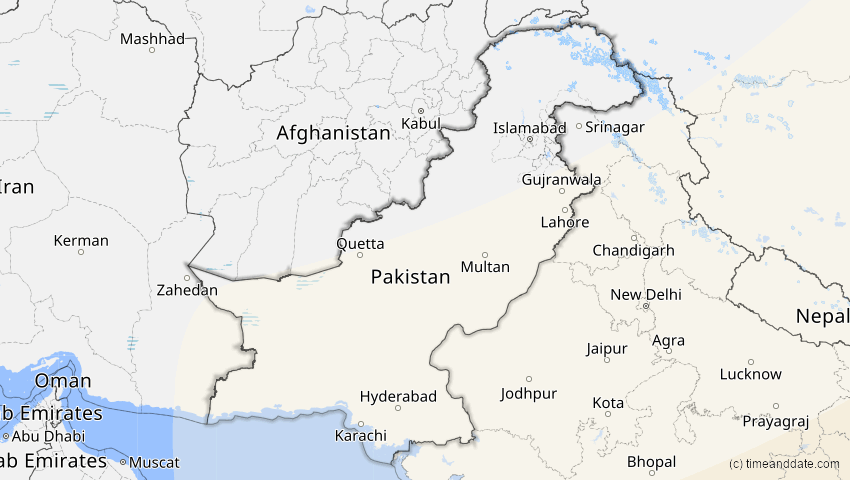 A map of Pakistan, showing the path of the 20. Apr 2042 Totale Sonnenfinsternis