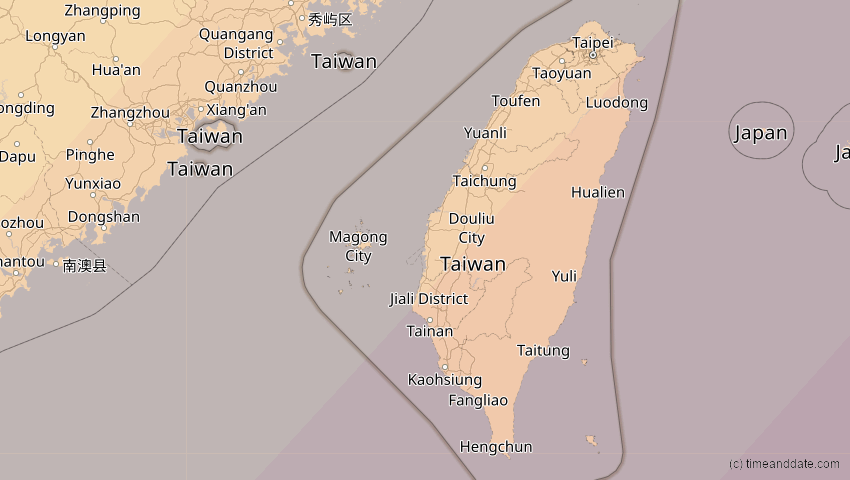 A map of Taiwan, showing the path of the 20. Apr 2042 Totale Sonnenfinsternis