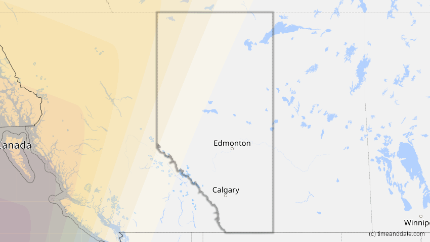 A map of Alberta, Kanada, showing the path of the 19. Apr 2042 Totale Sonnenfinsternis