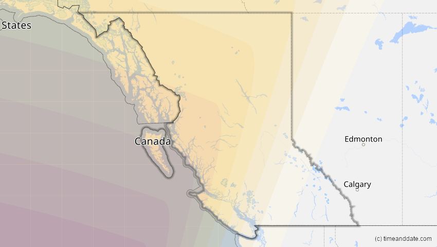 A map of British Columbia, Kanada, showing the path of the 19. Apr 2042 Totale Sonnenfinsternis